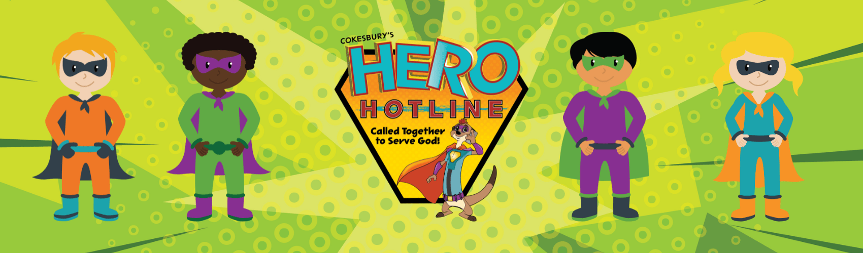 Hero Hotline VBS logo in center with children dressed in super hero costumes on both sides.